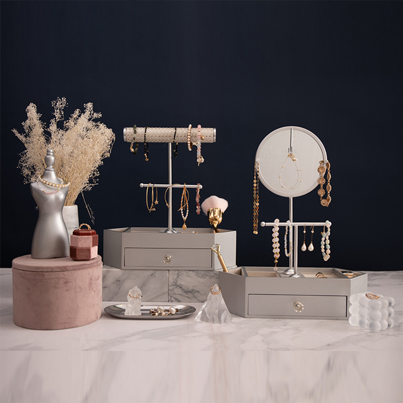 T字型ジュエリーオーガナイザー木製卓上化粧品オーガナイザーラウンドミラー付き