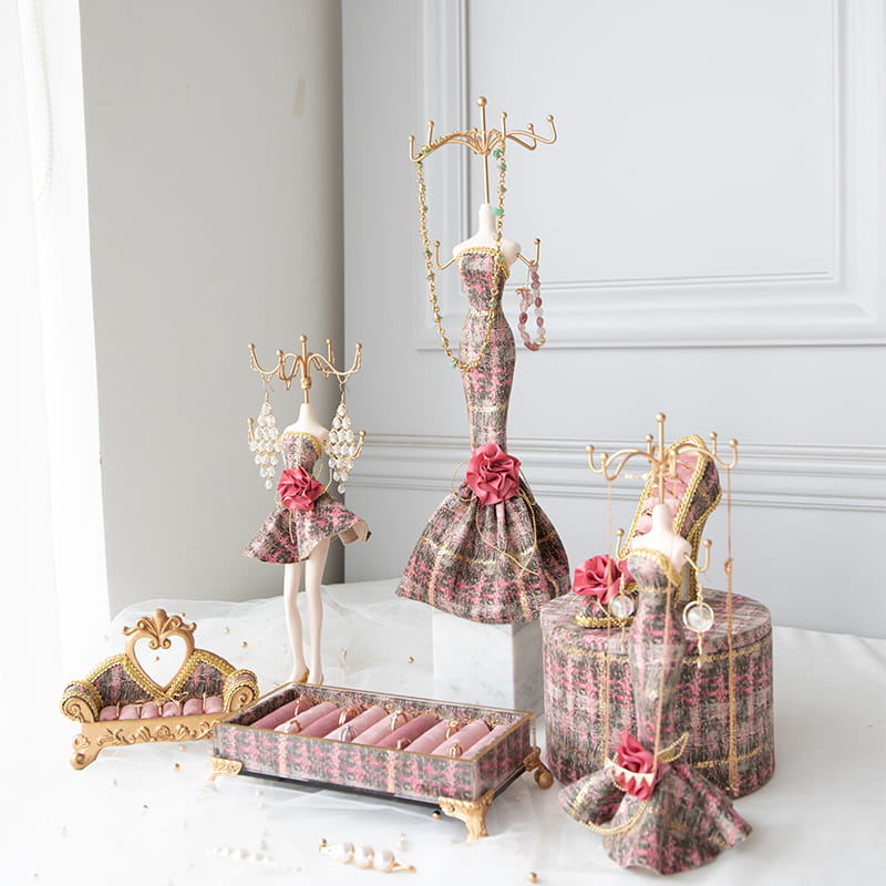 グリッドパターンドレスフォームマネキン型ハイヒール靴型ジュエリーディスプレイホルダーセット